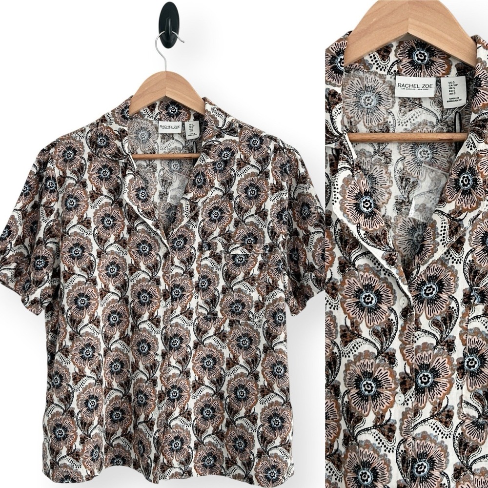 Rachel Zoe Women Small Brown Multicolor Short Sleeve Linen Rayon Camp Shirt NWT